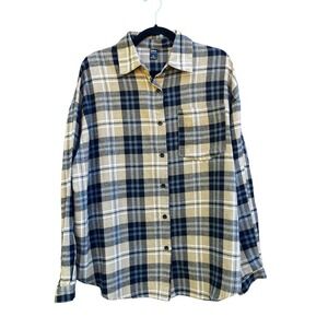 Dazy Men Plaid Flannel Shirt Medium Tan Black Long Sleeve Button Up Pocket